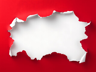 Obraz premium Hole in red paper on white background. Snatched middle of red paper with torn edges, soft shadow and empty space. Damaged sheet with white background for ad and other aims. Template paper design.