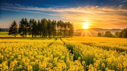 Obraz premium Golden Hour Serenity A Vibrant Yellow Field Bathed in the Warm Glow of a Setting Sun, Silhouetted by a Grove of Tall Trees