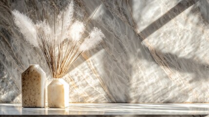 Minimalist dried flower arrangement in neutral tones against textured wall. Perfect for interior design, spa ambiance, or modern wellness aesthetics.