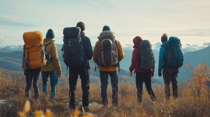 Group of Adventurers Hiking with Backpacks in Mountain Landscape