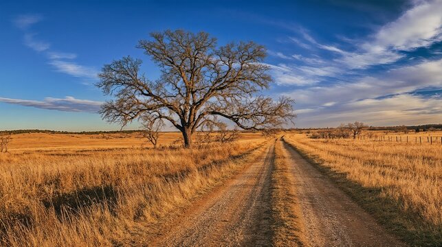 Solitary oak tree on rural dirt road through golden wheat field. Great for agricultural business, farming heritage, or rural development themes.