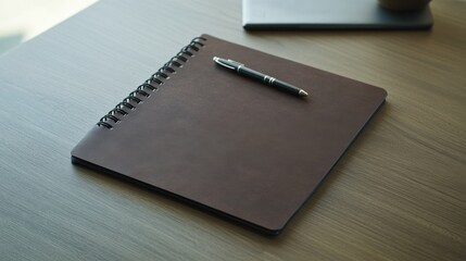 Brown Leather Notebook and Pen on Wooden Desk