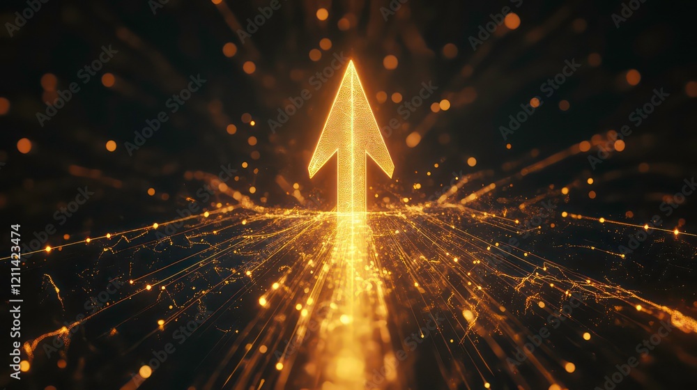 Poster glowing upward arrow with particle effects, symbolizing growth, progress, and success.