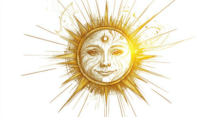 Fototapeta premium Hand drawn sun illustration with intricate details and rays, showcasing smiling face. This aesthetic design adds warmth and charm to any creative project