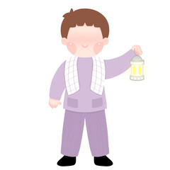 A versatile illustration of a young Muslim boy with a lantern, perfect for children's books, Islamic educational materials, and Ramadan-themed designs
