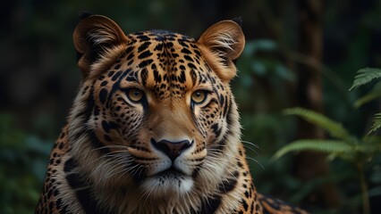 Obraz premium Portrait of a leopard, portrait tiger in jungle, a close-up of a leopard's face with a blurred background, a close up of a leopard looking at the camera and majestic leopard portrait in nature.