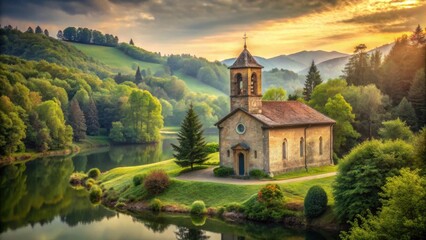 Obraz premium Serene Chapel by the Lake at Golden Hour Picturesque Landscape with Lush Greenery and Rolling Hills