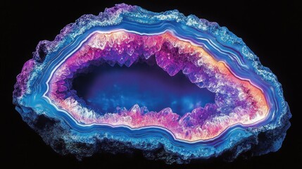 Fototapeta premium Vibrant agate geode, polished, dark background, crystal cave, gemstone design