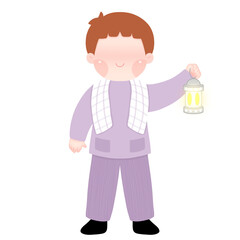 A versatile illustration of a young Muslim boy with a lantern, perfect for children's books, Islamic educational materials, and Ramadan-themed designs