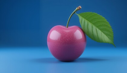 Single Pink Cherry with Leaf on Blue Background