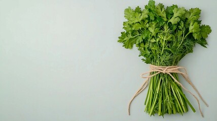 Mindful Eating Concepts. Fresh cilantro bundle tied with twine on a light background.