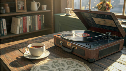 Obraz premium Vinyl player with a record is located on the table, next to it there is a cup of tea. Soft light creates a cozy and nostalgic atmosphere in vintage style.