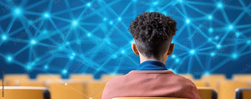 Poster digital education online concept. a young individual engaged in learning technology concepts with a 