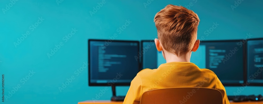 Poster Educational platform online idea. A young boy programming at a computer in a modern workspace.