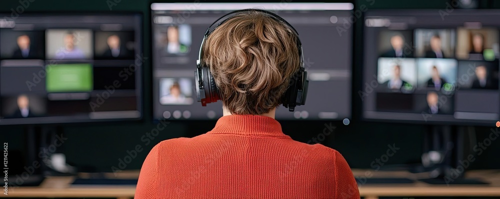 Poster Educational platform online idea. A professional working with multiple screens and headphones in a modern workspace.