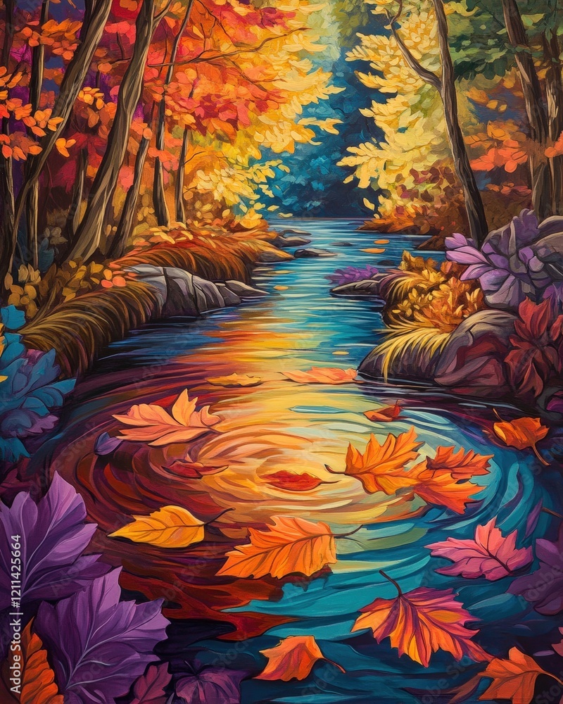 Poster a vibrant image of leaves floating in a calm stream, surrounded by colorful autumn foliage