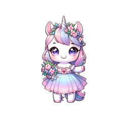 Cute unicorn character in a pastel dress, holding a bouquet of flowers, perfect for children's artwork and design projects.