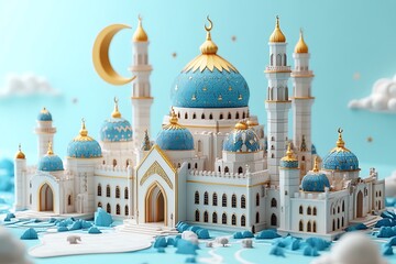 Obraz premium 3d modern Islamic banner, suitable for Ramadan, Eid al Fitr, and Eid al Adha with mosque, lantern, crescent moon,