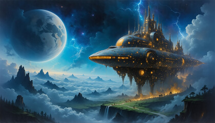Obraz premium A futuristic city floating in the sky with a large planet in the background.