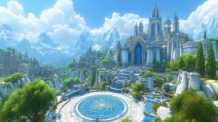 Majestic white castle nestled in a mountainous landscape, overlooking a serene circular plaza.