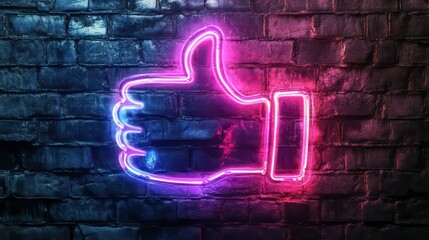 Neon thumbs up sign on a brick wall.