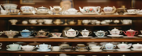 Naklejka premium Antique Teacup and Teapot Collection: A Showcase of Exquisite Porcelain