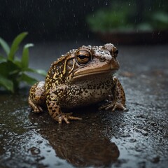 Close-Up of a Bullfrog in Natural Habitat,frog on a ground.A frog sits in a pool of water.A toad with distinctive spotted skin sitting calmly on the forest floor.Toad at night
