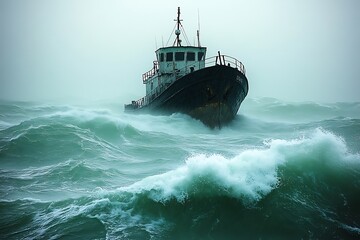 A lone boat braves the tumultuous ocean waves during a raging storm, its silhouette stark against the dramatic grey and white sky.