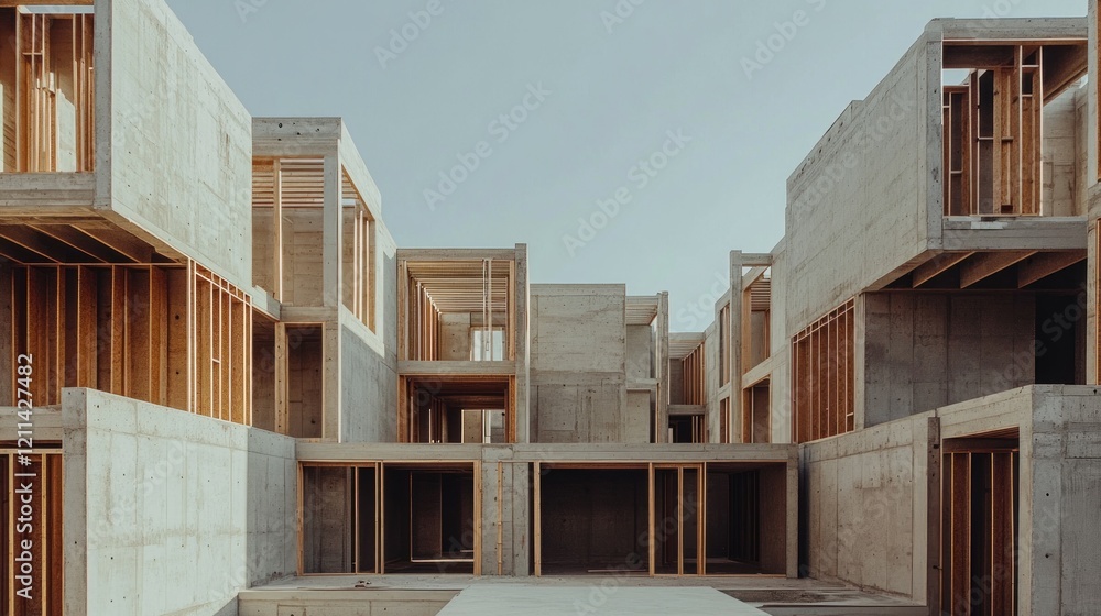 Poster A residential building site with rows of partially built houses, showcasing wooden frameworks and concrete foundations under a clear sky.