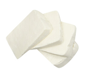 MINAS FRESCAL CHEESE SLICES TOP VIEW CUT ON ISOLATED WHITE BACKGROUND