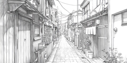 Fototapeta premium Pencil Sketch Of A Narrow Japanese Alleyway