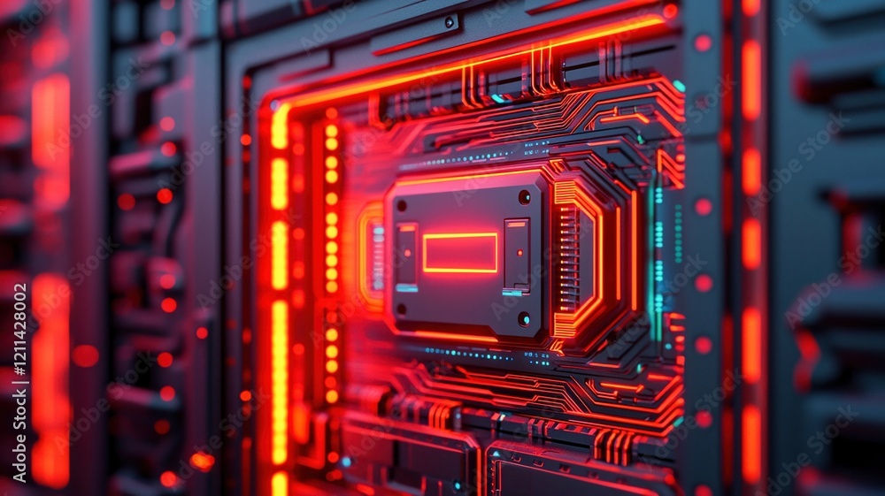 Poster ransomware protection concepts. futuristic circuit board with glowing red elements.