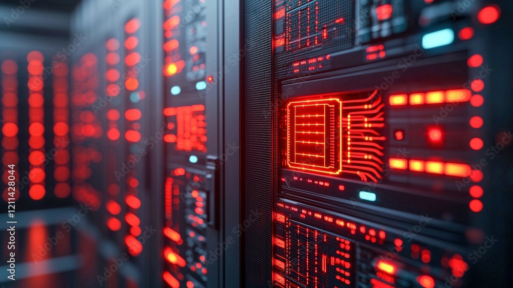 Aufkleber ransomware protection concepts. futuristic data center with glowing red lights and circuit patterns.