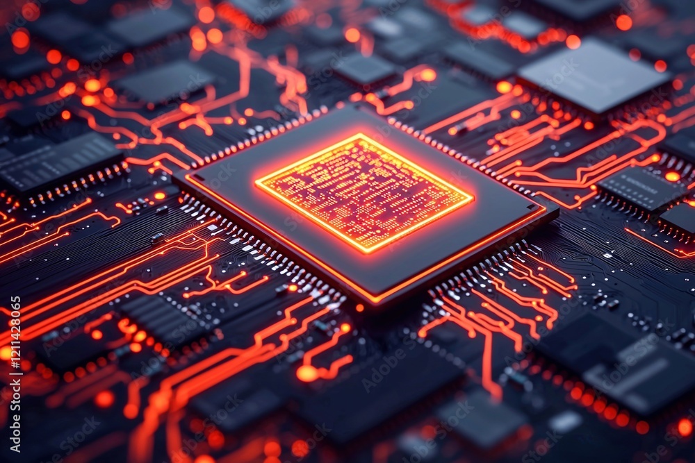 Poster ransomware protection concepts. close-up of a glowing microchip on a circuit board.