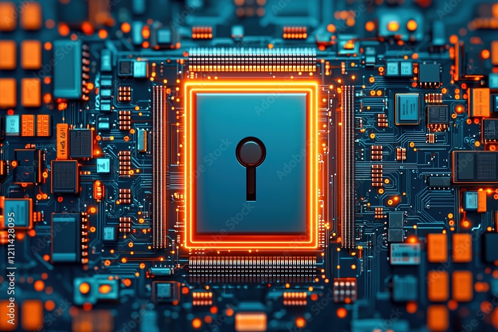 Poster ransomware protection concepts. digital lock on a circuit board representing cybersecurity technolog