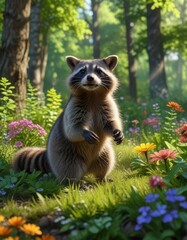 Obraz premium A raccoon is spotted playing among a patch of fresh green leaves and colorful flowers in a sunny forest clearing , , foliage
