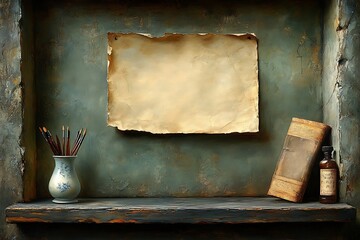 A vintage still life with old paper, paintbrushes, a book, and a bottle on a wooden shelf.