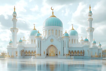 Obraz premium 3d modern Islamic banner, suitable for Ramadan, Eid al Fitr, and Eid al Adha with mosque, lantern, crescent moon,