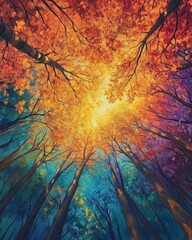 A vibrant photo of a canopy of autumn leaves, with sunlight filtering through in warm hues