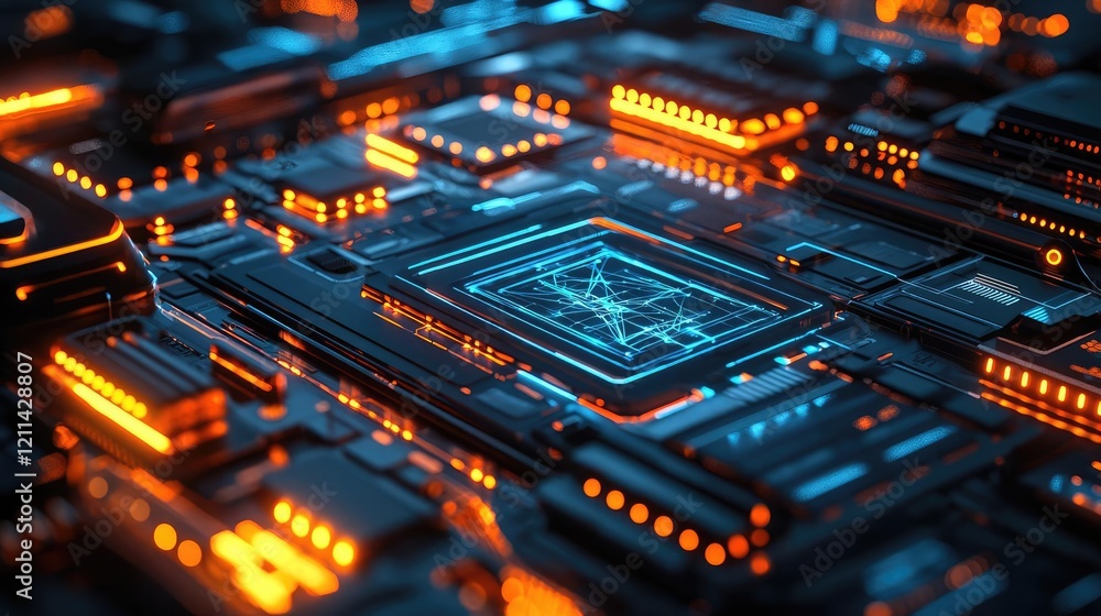Poster Adaptive technology ai concept. Abstract close-up of a digital circuit board with glowing blue and orange lights.