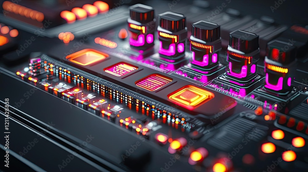Poster adaptive technology ai concept. close-up of a vibrant circuit board with glowing lights and intricat