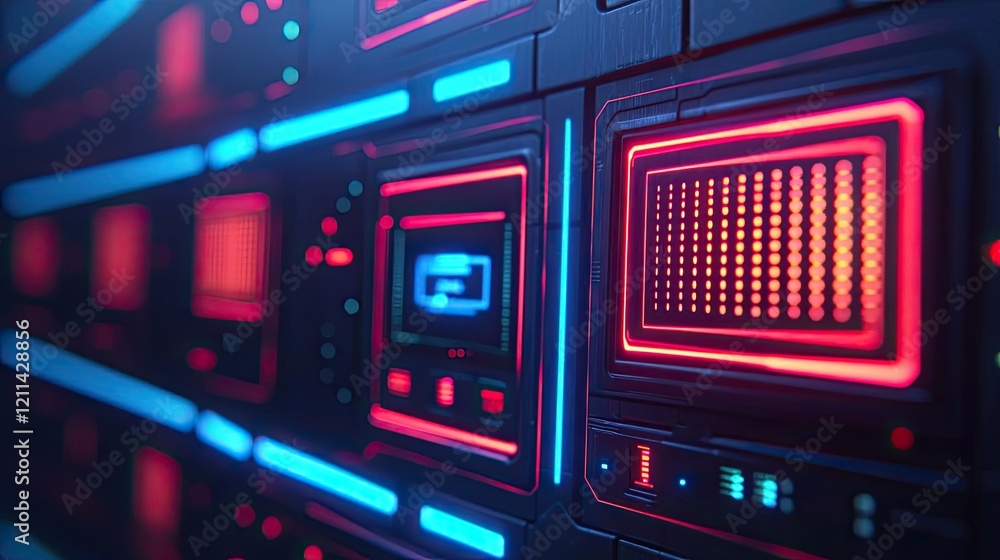 Poster Adaptive technology ai concept. Close-up view of glowing circuit panels in a futuristic digital environment.