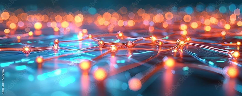 Poster Adaptive technology ai concept. Abstract design featuring glowing lights on a digital network background.