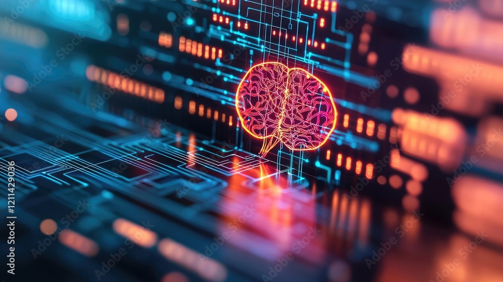 Poster Interactive tools ai concept. Digital brain illustration on a circuit board symbolizing AI and future technology.