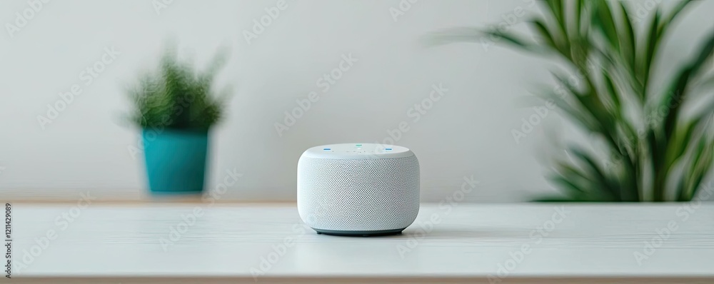 Poster Interactive tools ai concept. Smart home device on a table with plants in the background for modern living spaces.