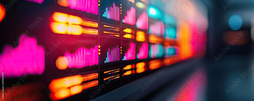 Poster Interactive tools ai concept. Colorful data visualization displayed on high-tech monitors in a modern environment.