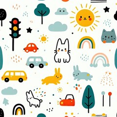 Fototapeta premium Cute Animals and Vehicles Seamless Pattern for Kids
