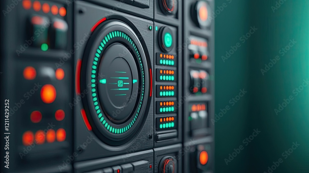 Aufkleber Interactive tools ai concept. Close-up of a futuristic control panel with colored lights and buttons.