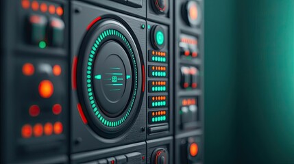 Fototapeta premium Interactive tools ai concept. Close-up of a futuristic control panel with colored lights and buttons.