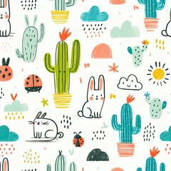 Cute Cactus and Bunny Rabbit Seamless Pattern for Kids